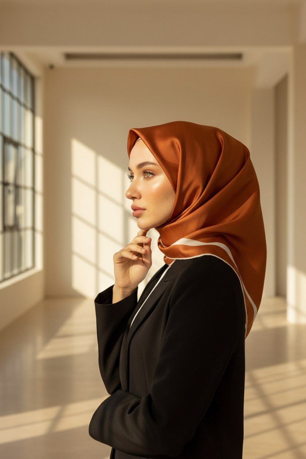 100% Twill İpek Düz Renk Bordür Desenli Taba - Krem Renkli Daha Tok Exclusive Serisi 90x90 Dikim Şekli : El Dikişi Eşarp