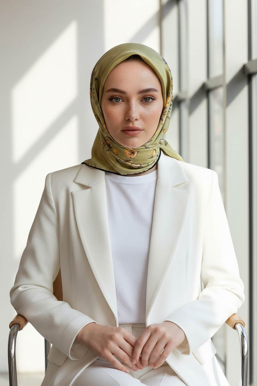 %100 Twill İpek Sonsuz Çiçek Desenli Yağ Yeşili Renkli 90x90 Eşarp Dikim Şekli : El Dikişi