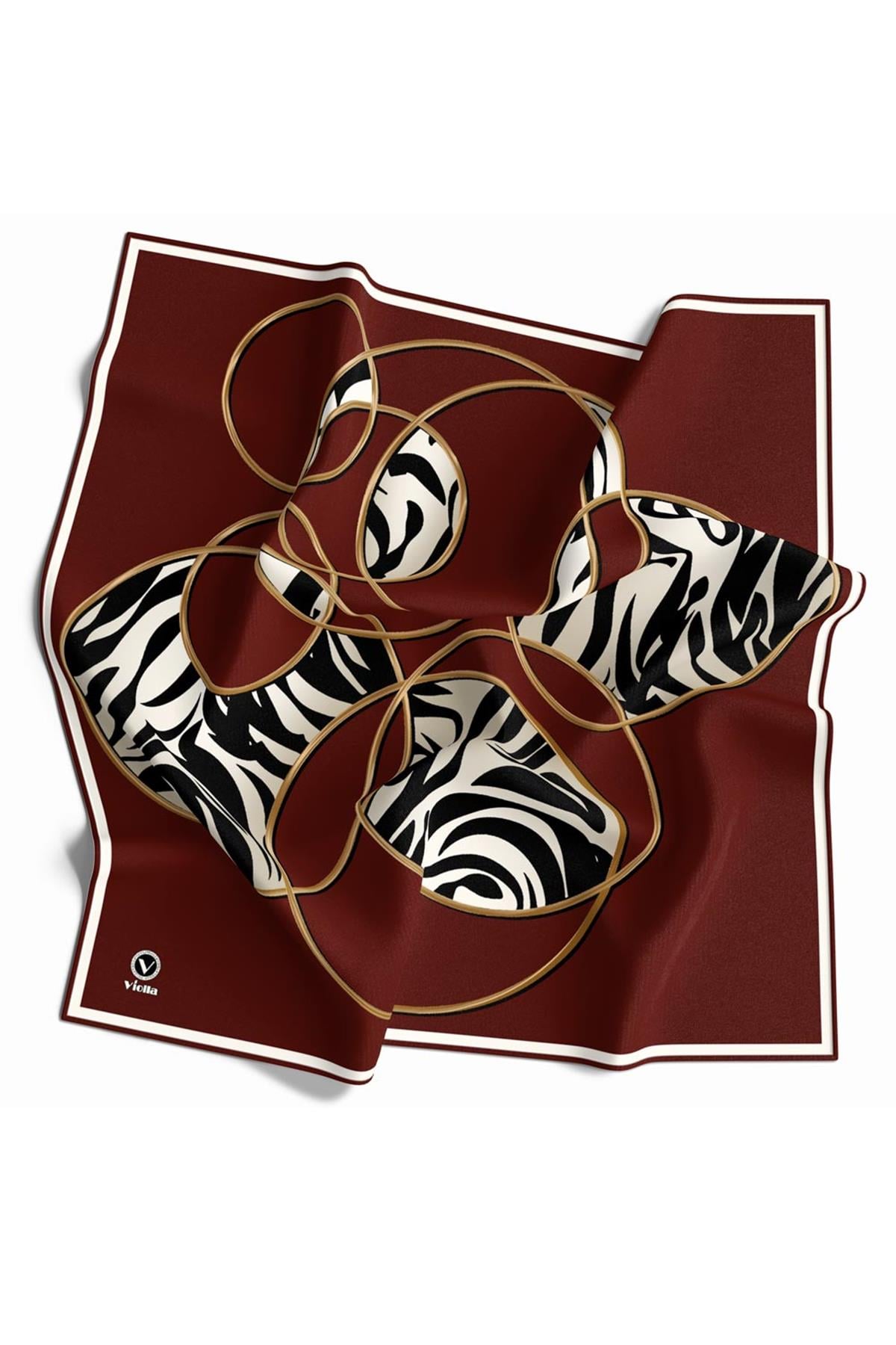 Soft Çember ve Zebra Desenli Bordo Renkli 90x90 Eşarp (İpek İçermez) Kenar Dikiş Şekli El Dikişli