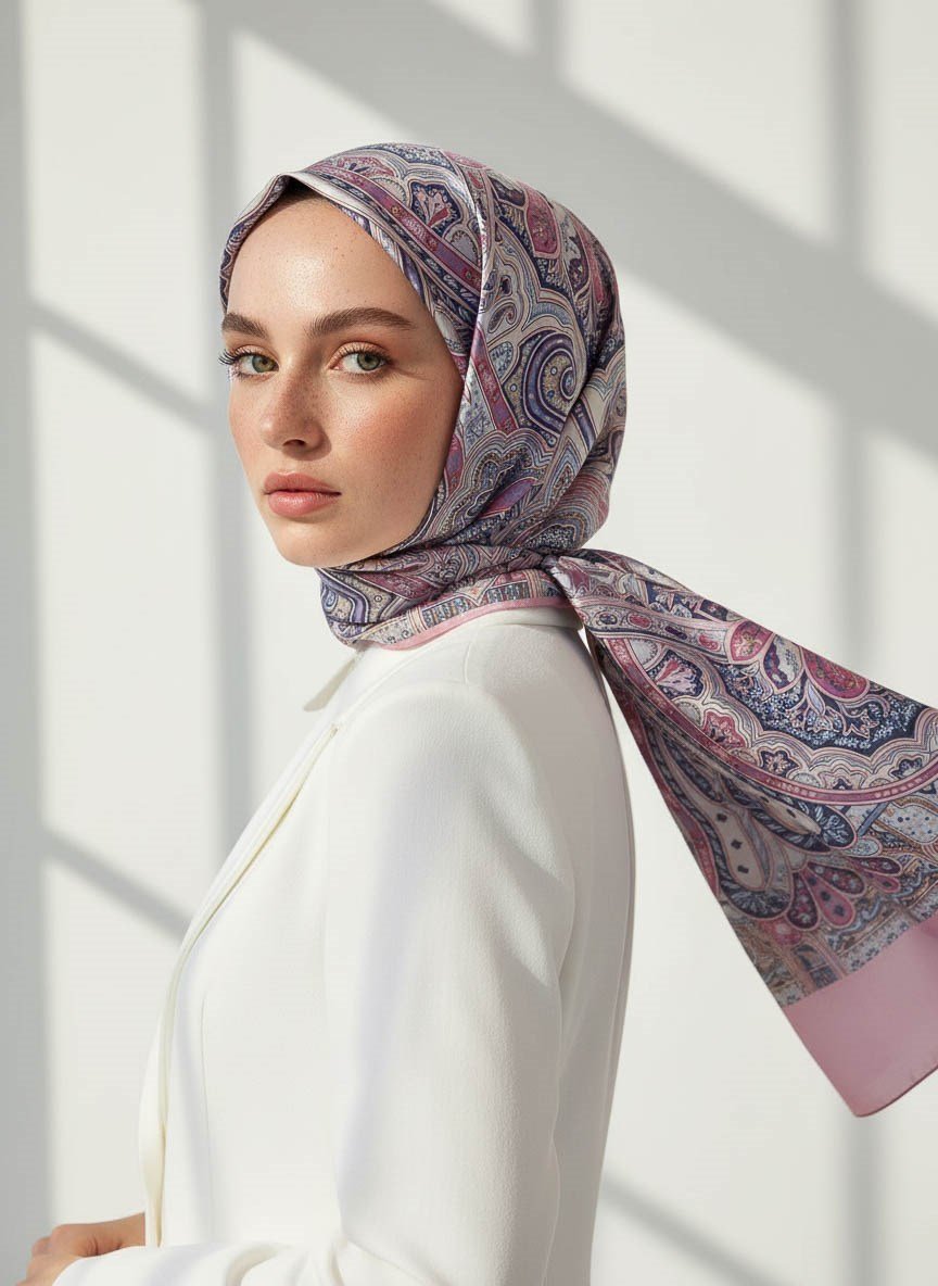 %100 Saf İpek Şal İnce Saten Vual Dokuma Etnik Desenli Pembe Renkli 90x210 Şal