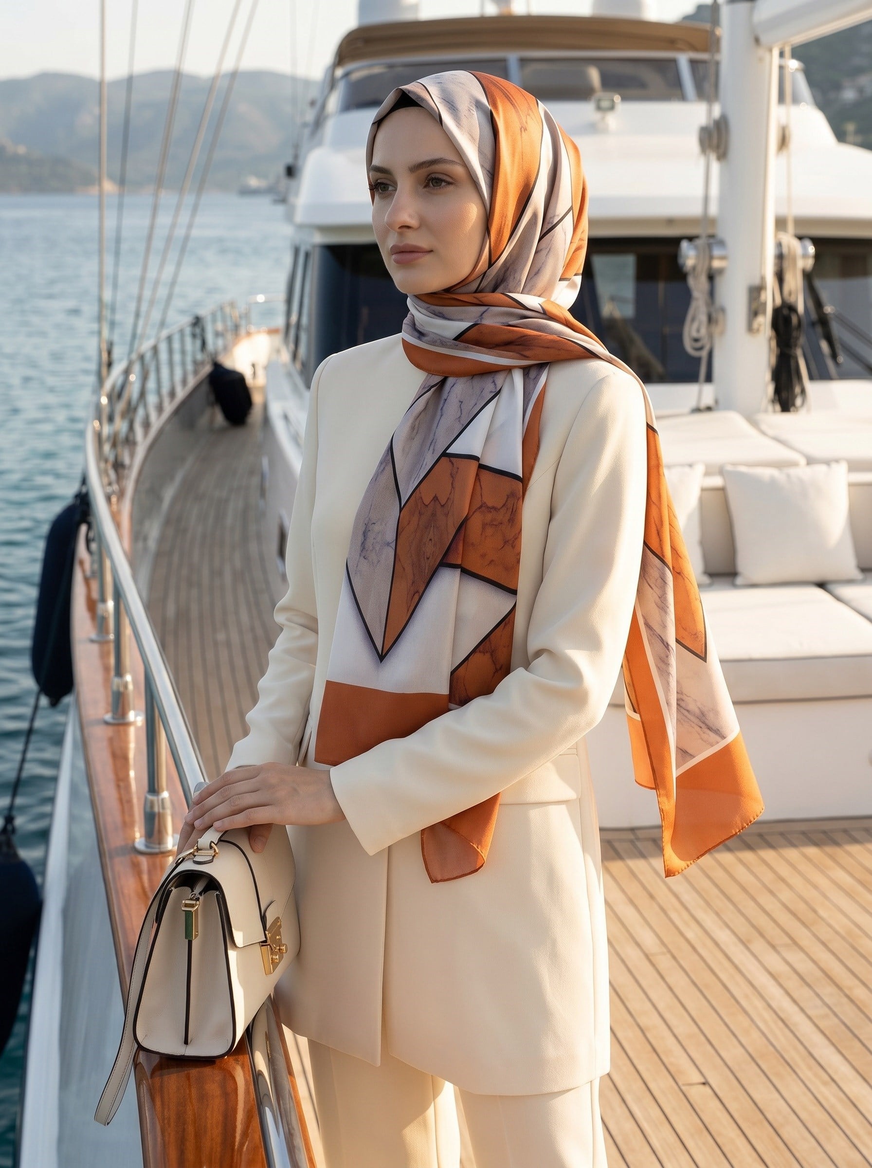%100 Saf İpek Şal İnce Saten Vual Dokuma Mermer Desenli Taba - Bej Renkli 90x210 Şal