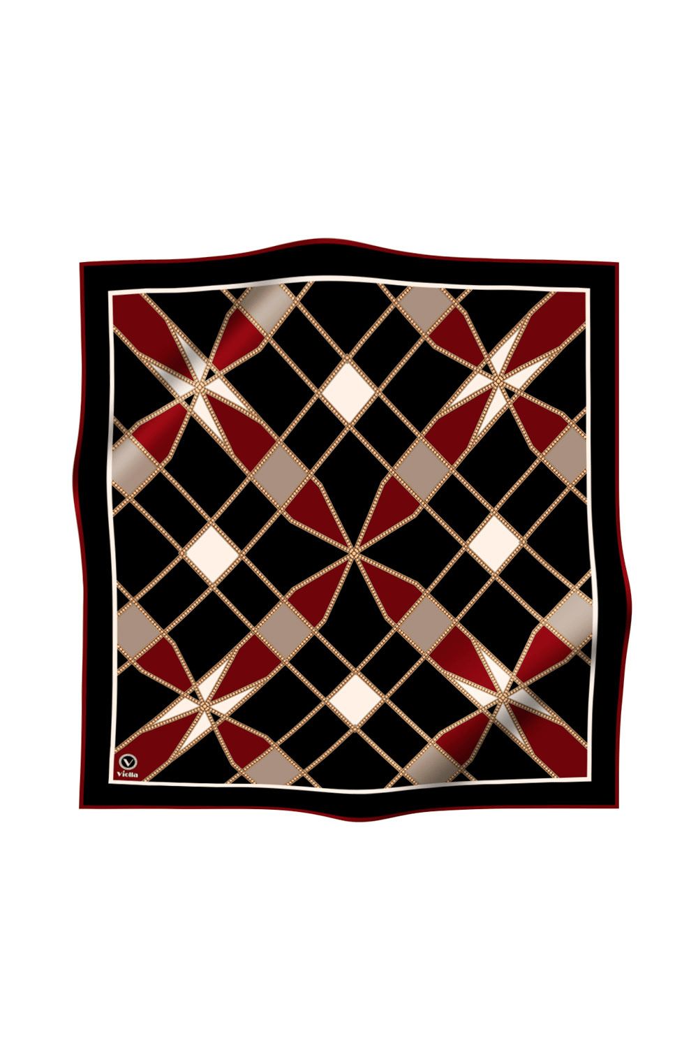 Twill Gold Detaylı Geometrik Çiçekli Desenli Bordo Renkli 90x90 Eşarp (İpek İçermez) Kenar Dikiş Şekli El Dikişli