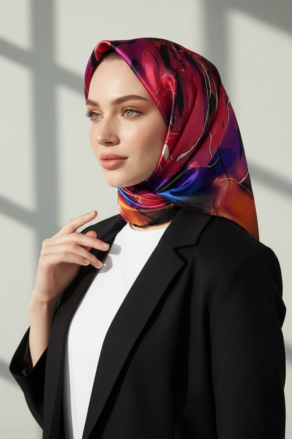 %100 Twill İpek Sulu Boya Çiçek Desenli Siyah Renkli 90x90 Eşarp Dikim Şekli : El Dikişi