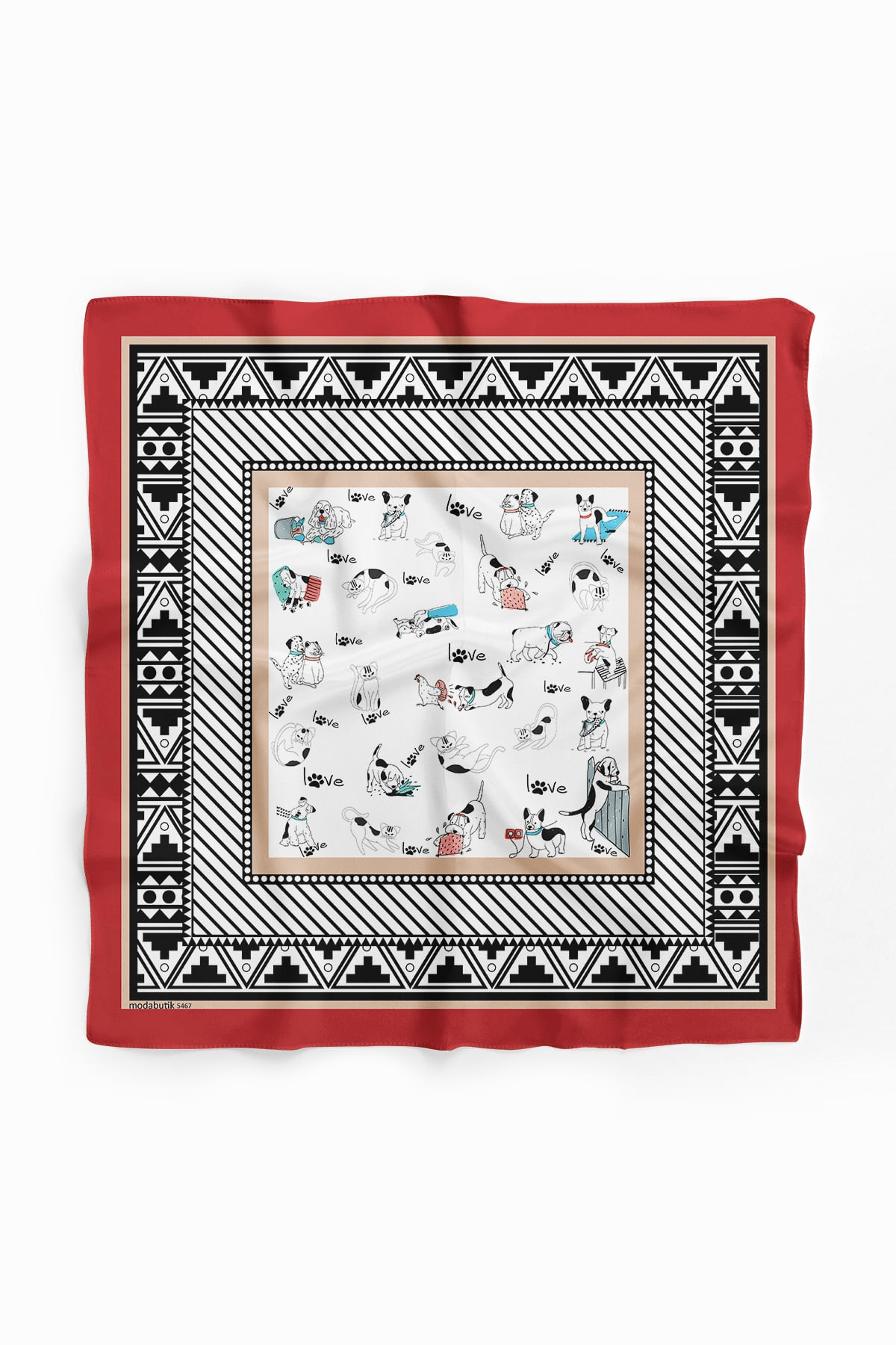 Etnik Dog Desenli Kırmızı Siyah Köpek Bandanası DG5467 45x45