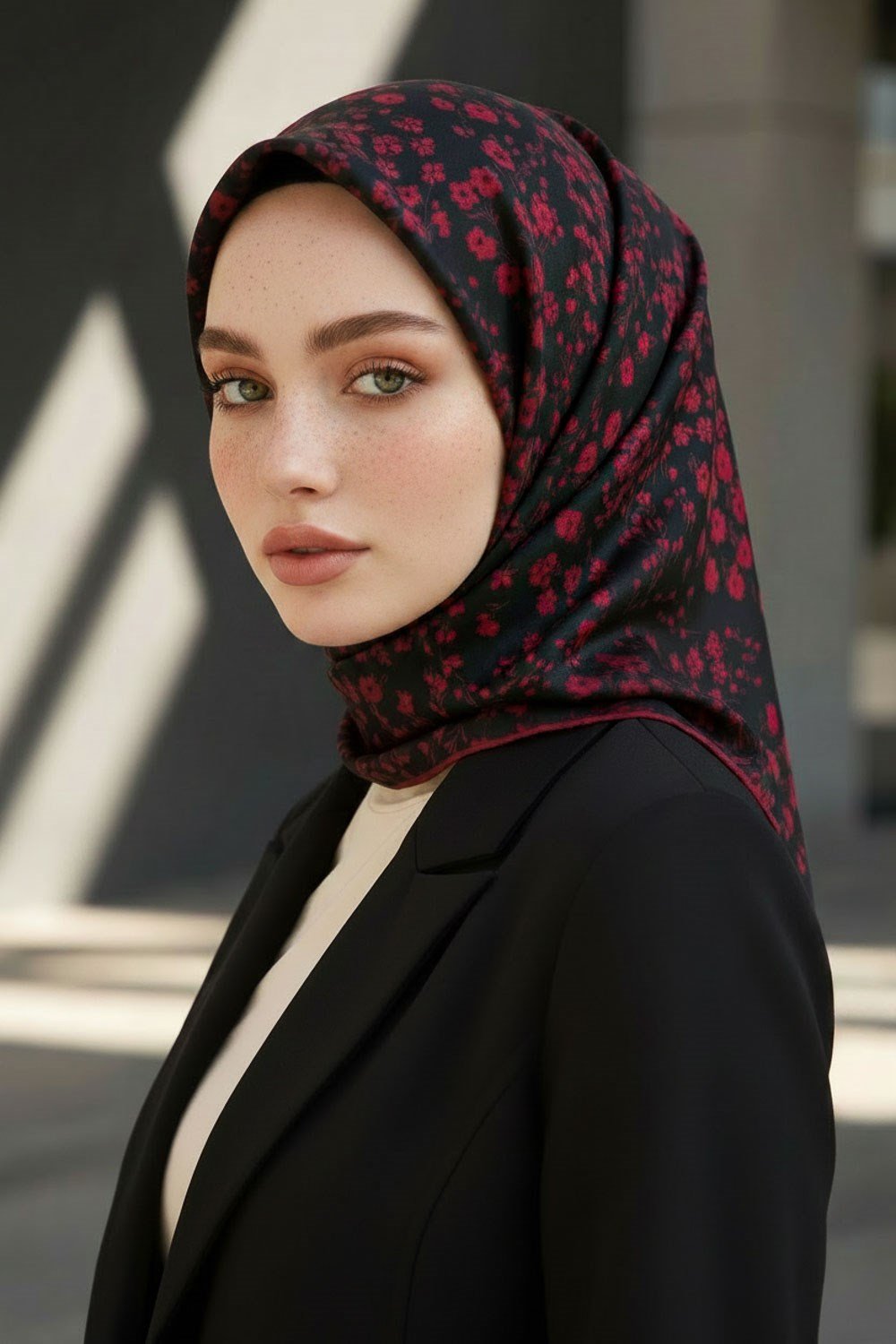 %100 Twill İpek Çıtır Çiçek Desenli Siyah - Bordo Renkli 90x90 Eşarp Dikim Şekli : El Dikişi