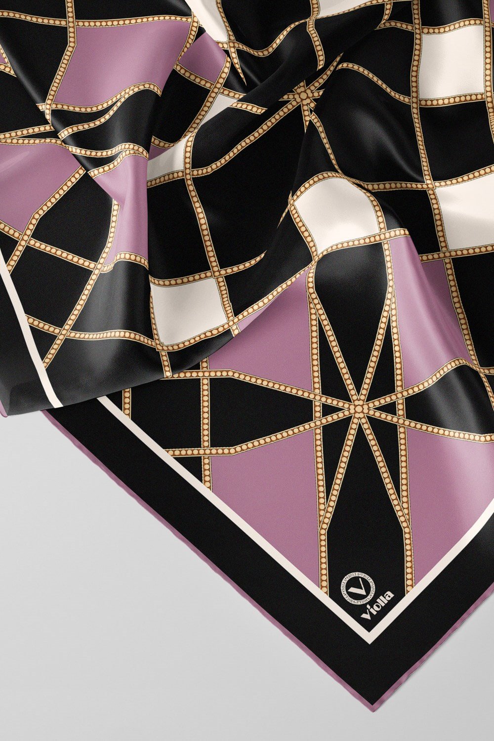Twill Gold Detaylı Geometrik Çiçekli Desenli Lila Renkli 90x90 Eşarp (İpek İçermez) Kenar Dikiş Şekli El Dikişli