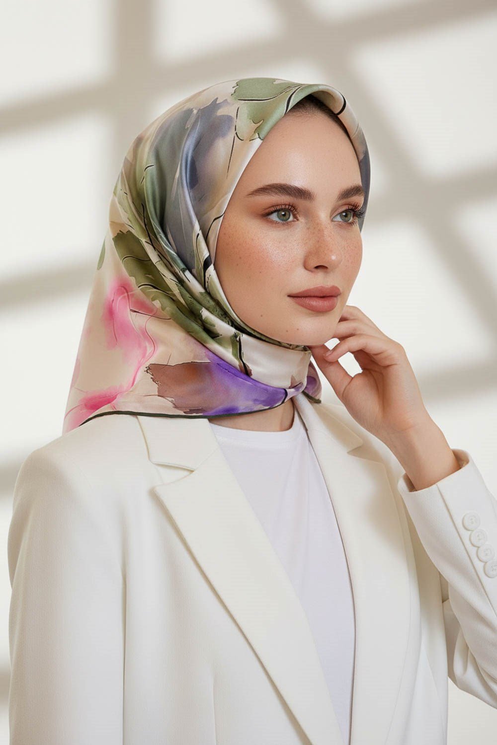 %100 Twill İpek Sulu Boya Çiçek Desenli Haki Renkli 90x90 Eşarp Dikim Şekli : El Dikişi