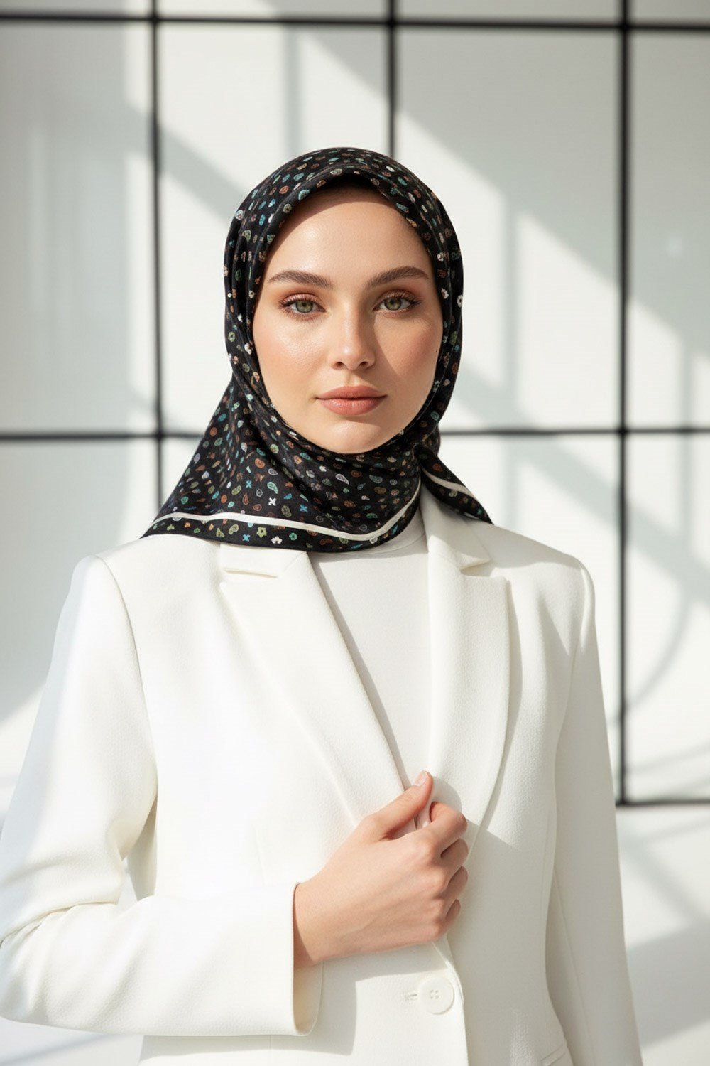 %100 Twill İpek Çıtır Desenli Siyah Renkli 90x90 Eşarp Dikim Şekli : El Dikişi
