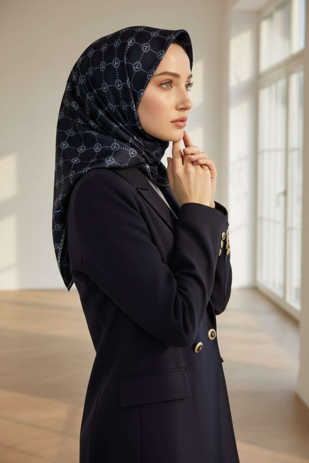 %100 Twill İpek Monogram Desenli Lacivert Renkli 90x90 Eşarp Dikim Şekli : El Dikişi