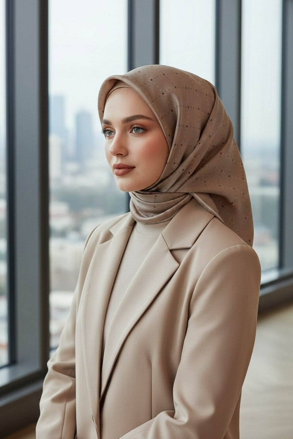 %100 Twill İpek Minik V Desenli Bej Renkli 90x90 Eşarp Dikim Şekli : El Dikişi
