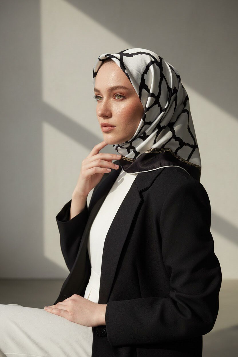 %100 Twill Taş Desenli Krem - Siyah Renkli 90x90 Eşarp Dikim Şekli: El Dikişi