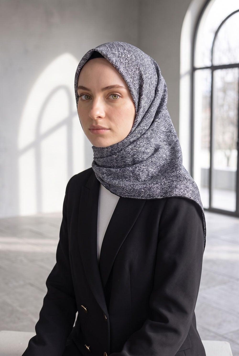 %100 Twill İpek Dokulu Desen Gri - Siyah Renkli 90x90 Eşarp Kenar Dikiş Şekli El Dikişli