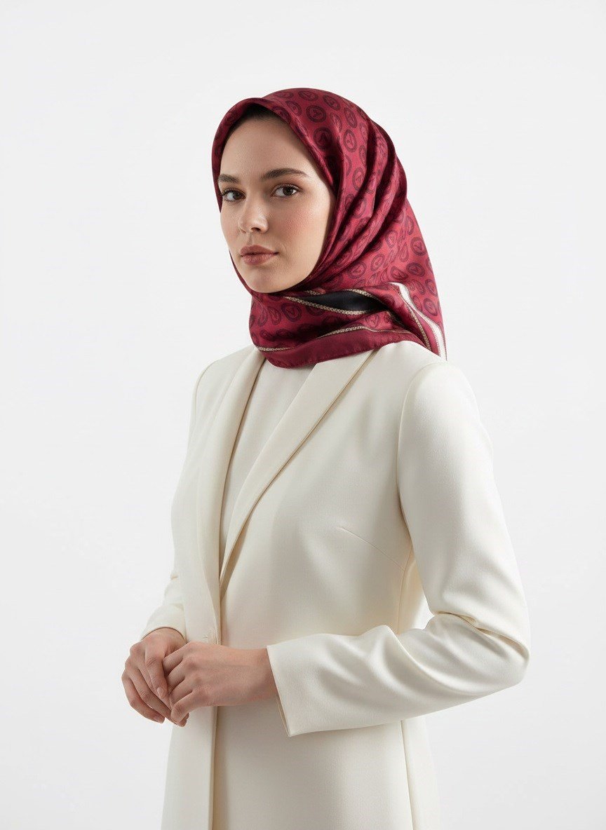 %100 Saf İpek Şal İnce Saten Vual Dokuma Monogram Desenli Bordo - Siyah Renkli 90x210 Şal