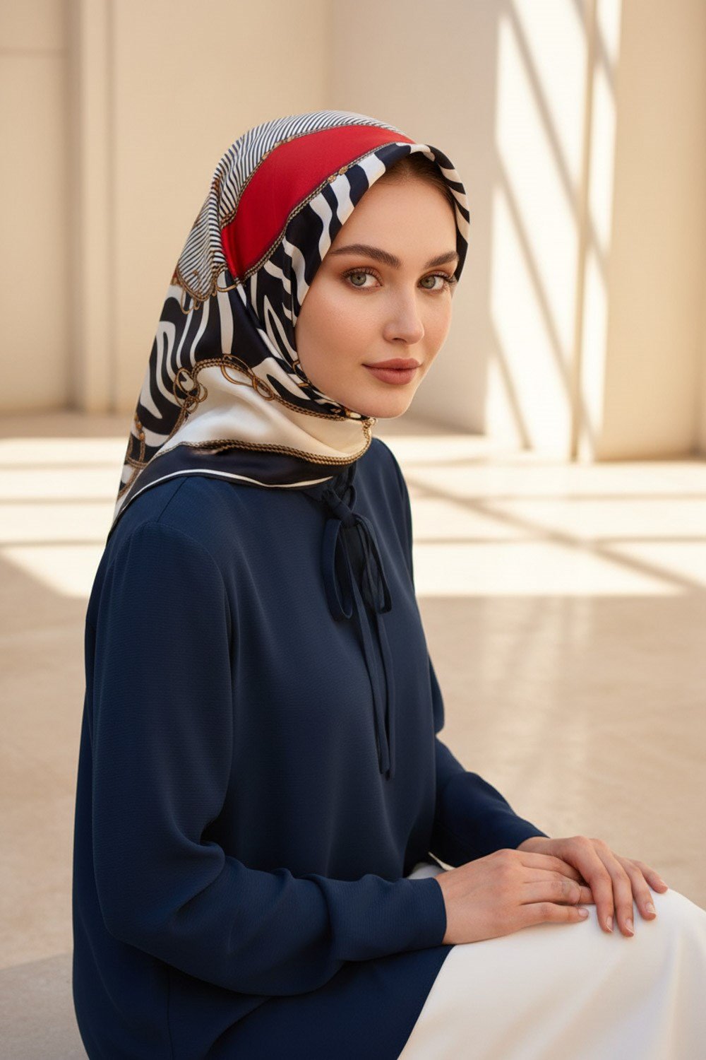 %100 Twill İpek Zincirli Ve Zebra Desenli Lacivert - Kırmızı Renkli 90x90 Eşarp Dikim Şekli : El Dikişi