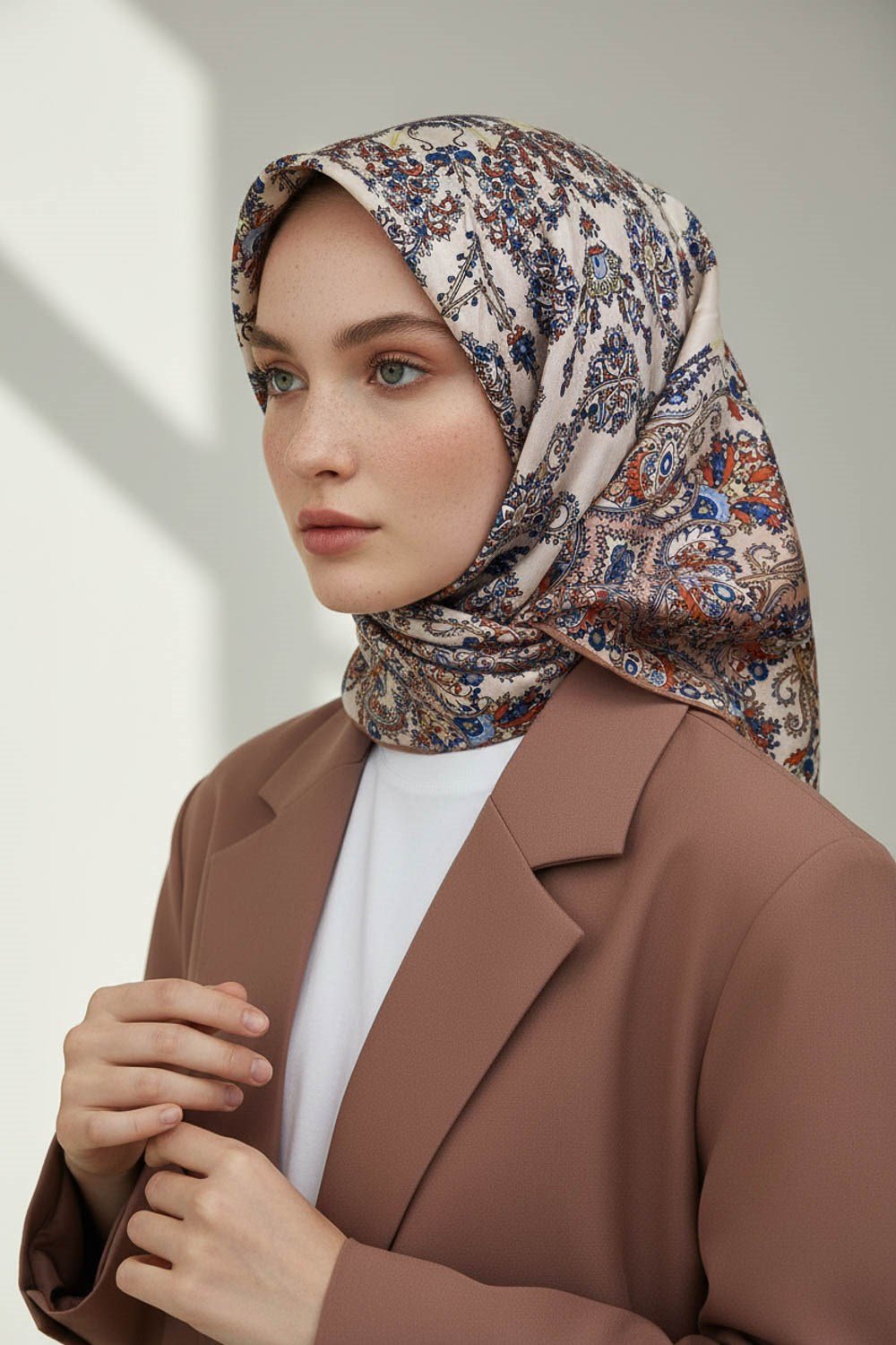 %100 Twill İpek Şal Desenli Bakır Renkli 90x90 Eşarp Dikim Şekli : El Dikişi