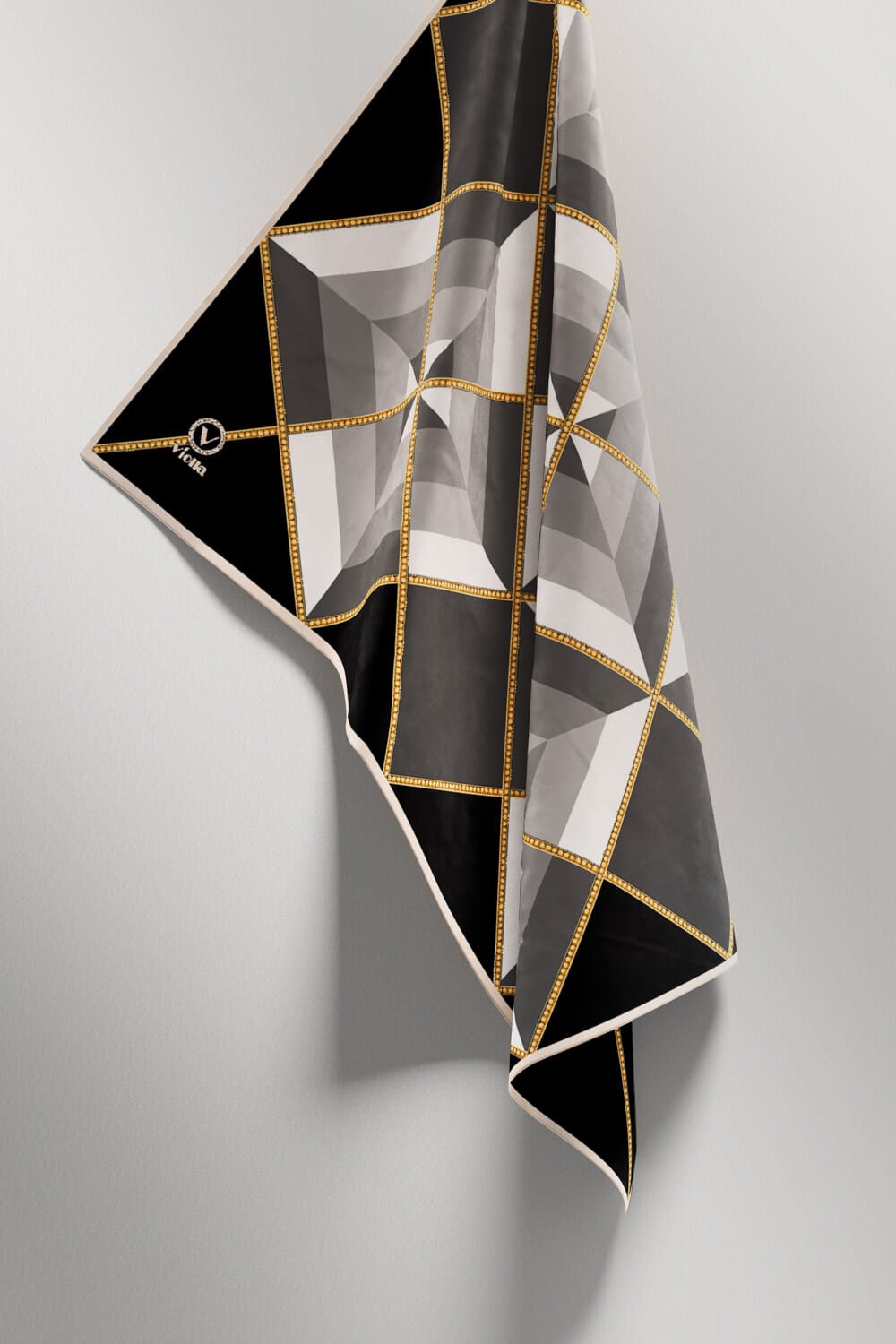 Twill Geometrik Desenli Siyah - Gri Renkli 90x90 Eşarp (İpek İçermez) Kenar Dikiş Şekli El Dikişli