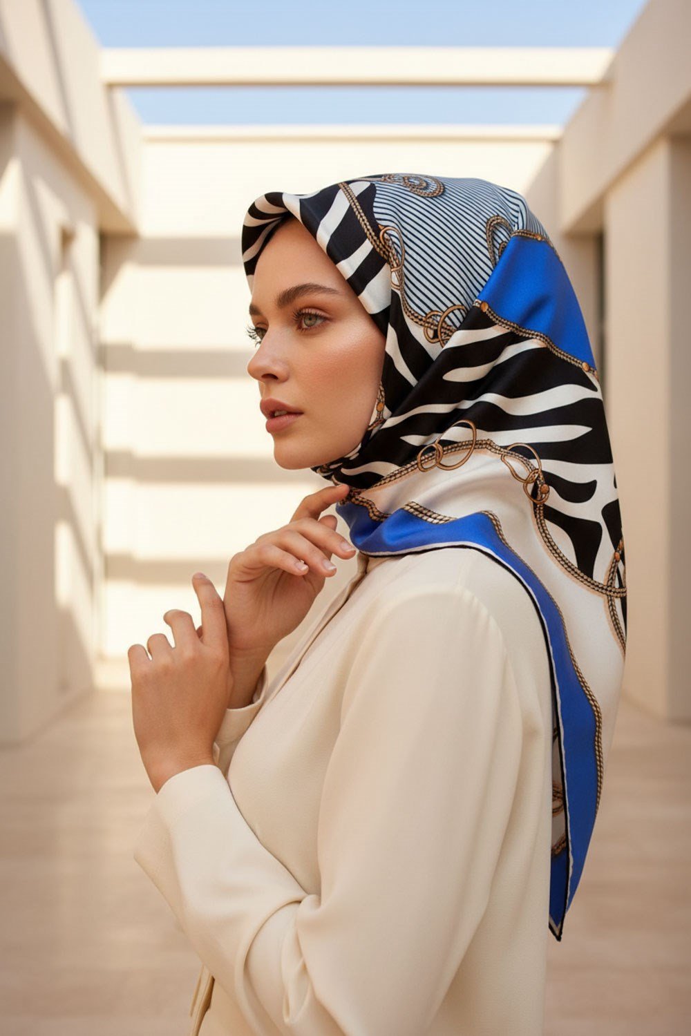 %100 Twill İpek Zincirli Ve Zebra Desenli Saks - Lacivert Renkli 90x90 Eşarp Dikim Şekli : El Dikişi