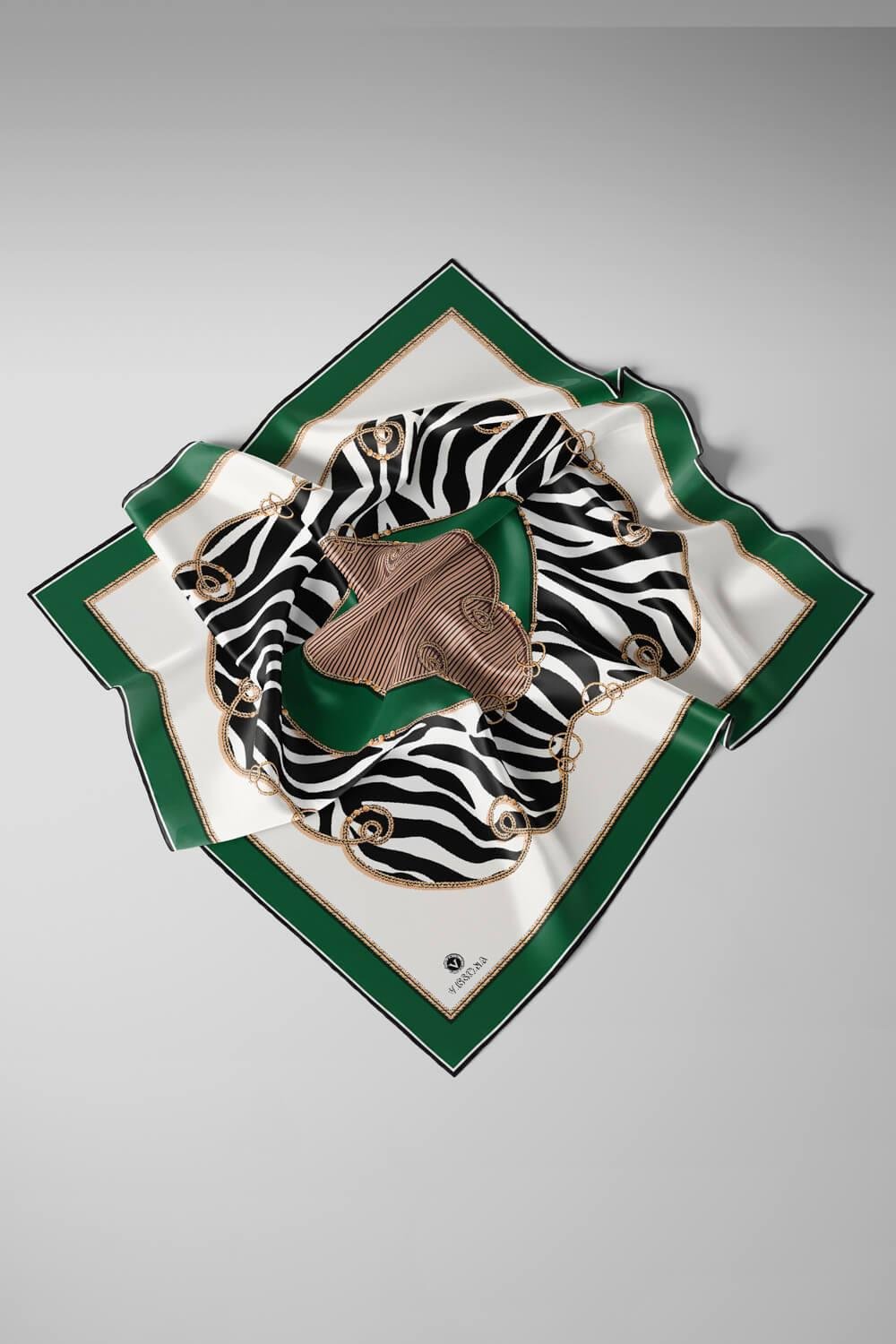 %100 Twill İpek Zincirli Ve Zebra Desenli Zümrüt Yeşili - Vizon Renkli 90x90 Eşarp Dikim Şekli : El Dikişi