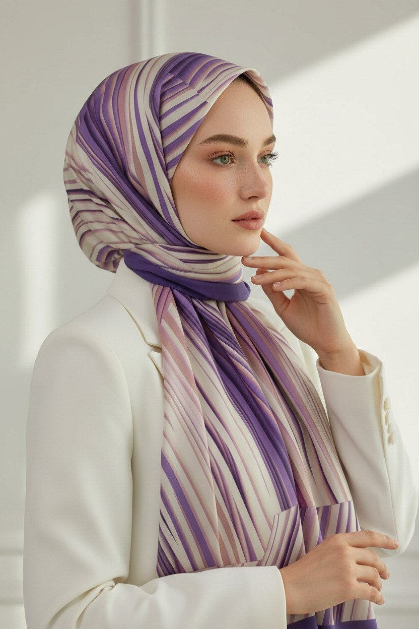 KREP ÇİZGİLİ DESENLİ LİLA RENKLİ 75X195 KIRIŞMAZ ŞAL