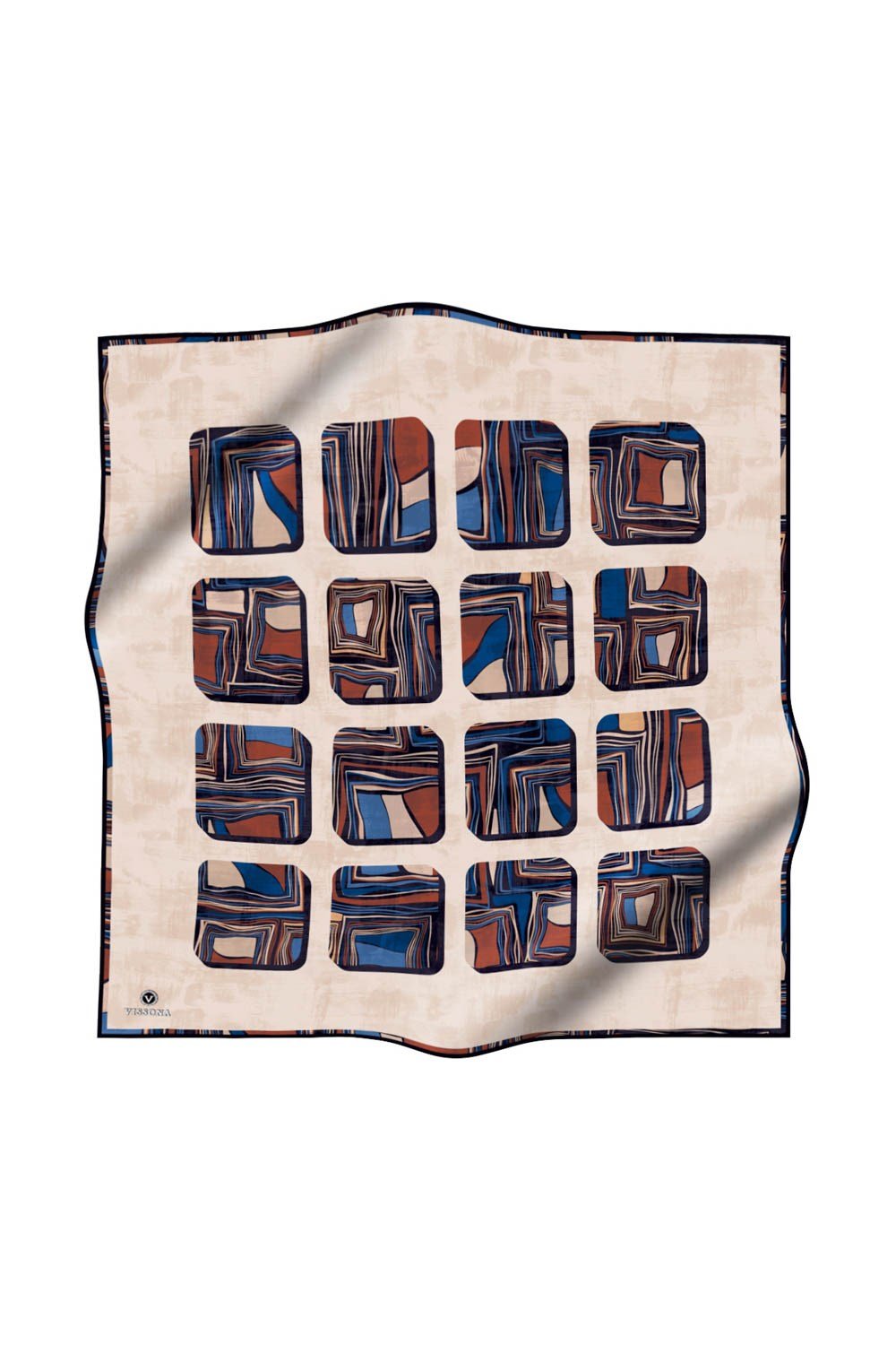 %100 Twill İpek Geometrik Kare Desenli Bej - Lacivert Renkli 90x90 Eşarp Dikim Şekli : El Dikişi