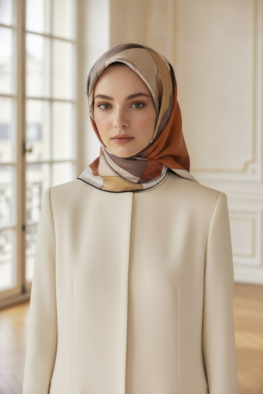 %100 Twill İpek Geometrik Desenli Turuncu - Vizon  Renkli 90x90 Eşarp Dikim Şekli : El Dikişi