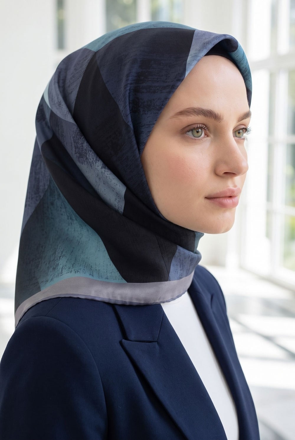 %100 Twill İpek Geometrik Desenli Cam Göbeği - Gri Renkli 90x90 Eşarp Dikim Şekli : El Dikişi