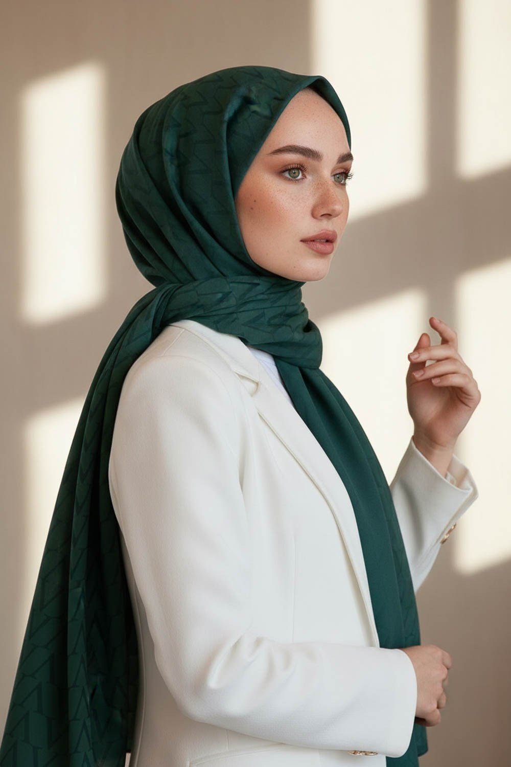 KREP DEGRADELİ MONOGRAM DESENLİ PETROL YEŞİLİ RENKLİ 75X195 KIRIŞMAZ ŞAL