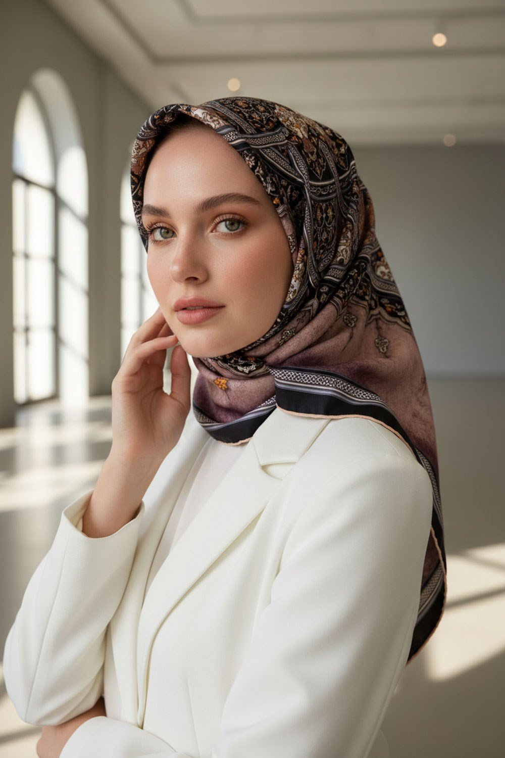 % 57 İPEK % 43 VİSKON Twill İpek Şal Desenli Pudra - Siyah Renkli 90x90 Eşarp Dikim Şekli : El Dikişi