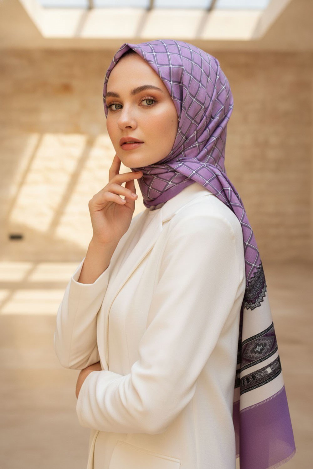 %100 Saf İpek Şal İnce Saten Vual Dokuma Etnik Desenli Lila - Krem Renkli 90x210 Şal
