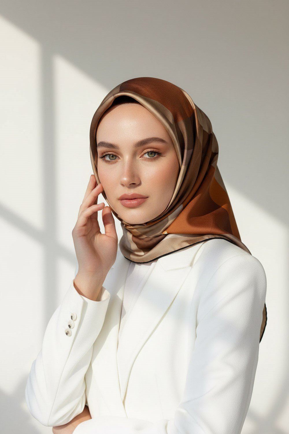 %100 Twill İpek Geometrik Desenli Kahverengi - Taba Renkli 90x90 Eşarp Dikim Şekli : El Dikişi