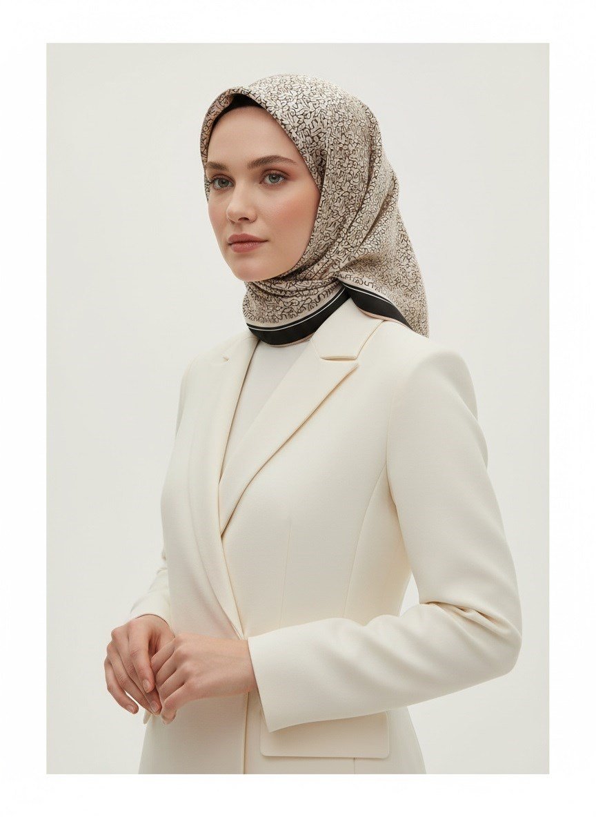 %100 Twill İpek Harf Desenli Bej - Siyah Renkli 90x90 Eşarp Dikim Şekli : El Dikişi