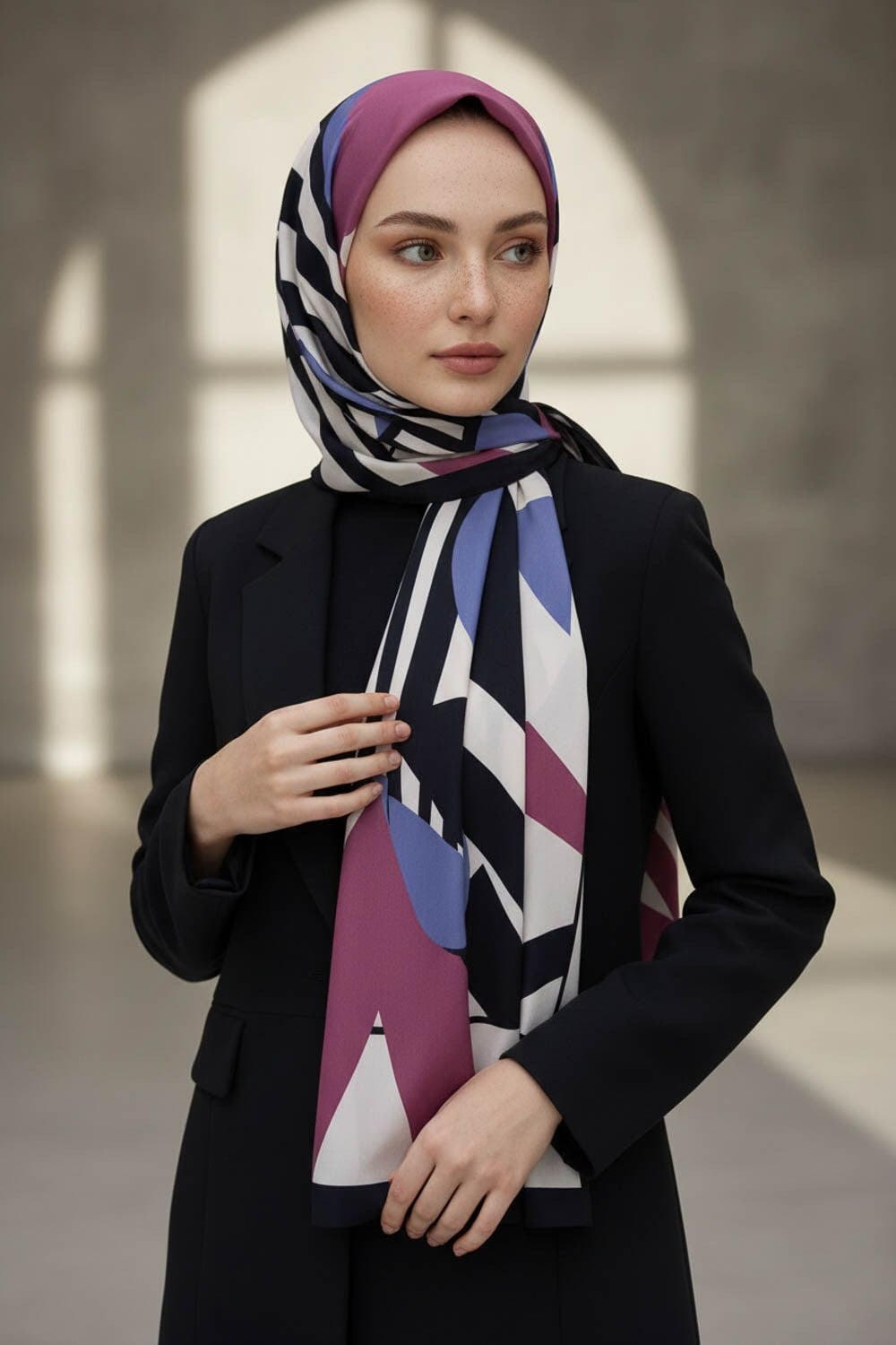 KREP DESENLİ İNDİGO RENKLİ 75X195 KIRIŞMAZ ŞAL