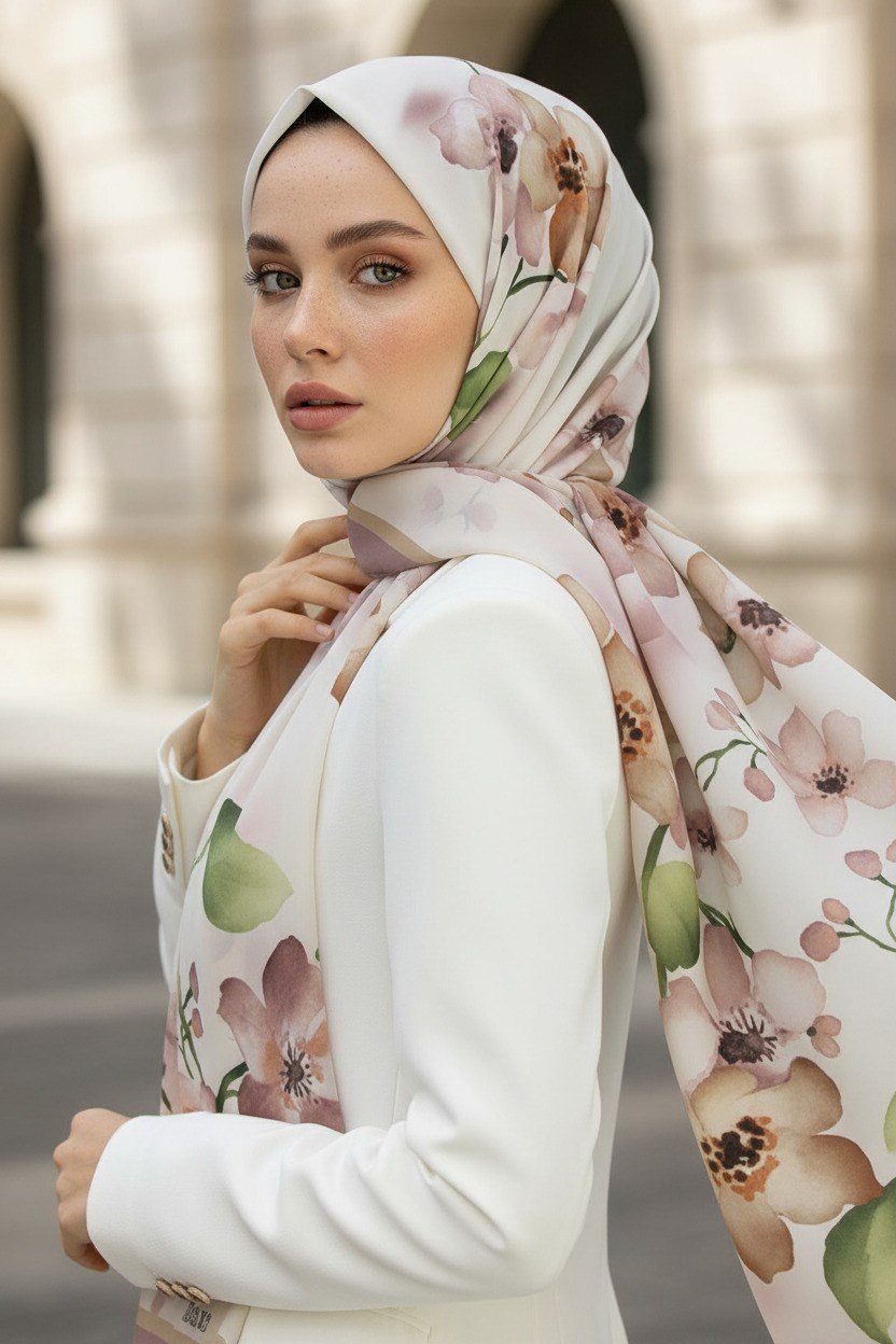 KREP ÇİÇEK DESENLİ PUDRA RENKLİ 75X195 KIRIŞMAZ ŞAL