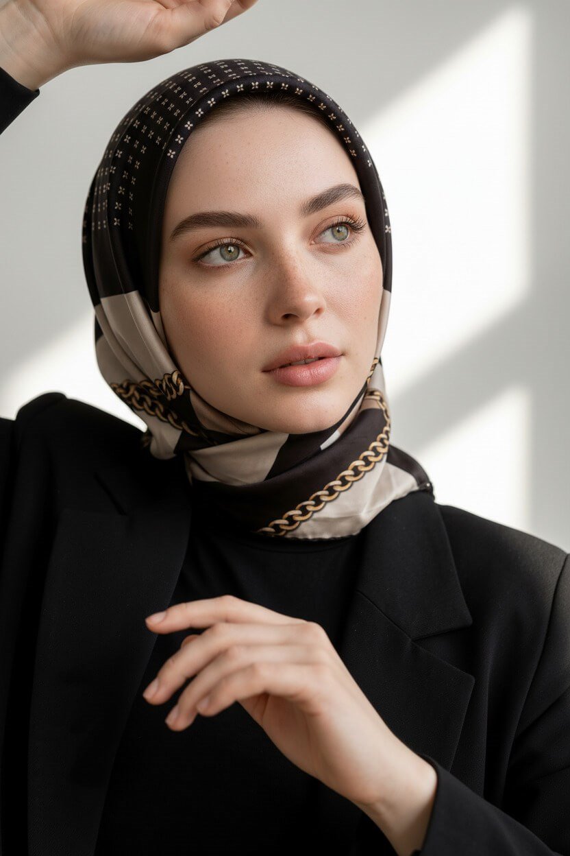 %100 Twill İpek Geometrik Desenli Siyah - Krem Renkli 90x90 Eşarp Dikim Şekli : El Dikişi