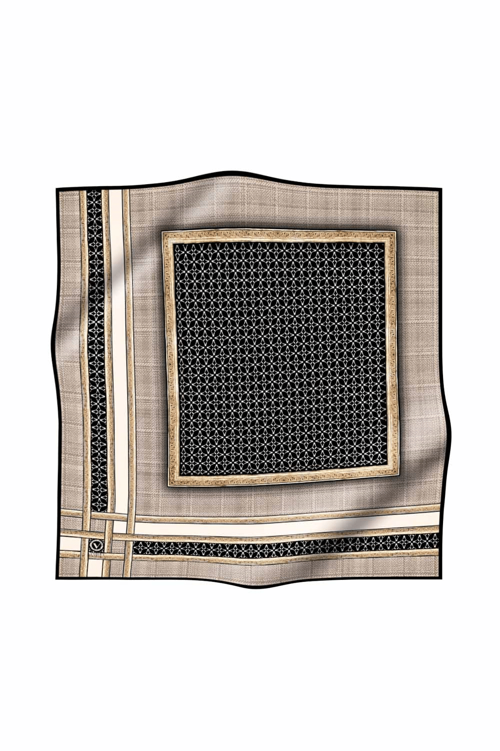 Twill Gold Bordürlü Geometrik Desenli Bej Renkli 90x90 Eşarp (İpek İçermez) Kenar Dikiş Şekli El Dikişli