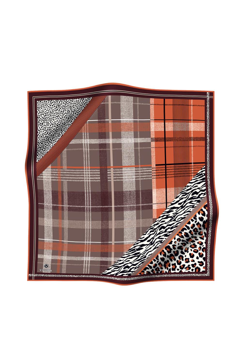 %100 Twill İpek Ekoseli Ve Leopar Desenli Bej - Taba Renkli 90x90 Eşarp Dikim Şekli : El Dikişi