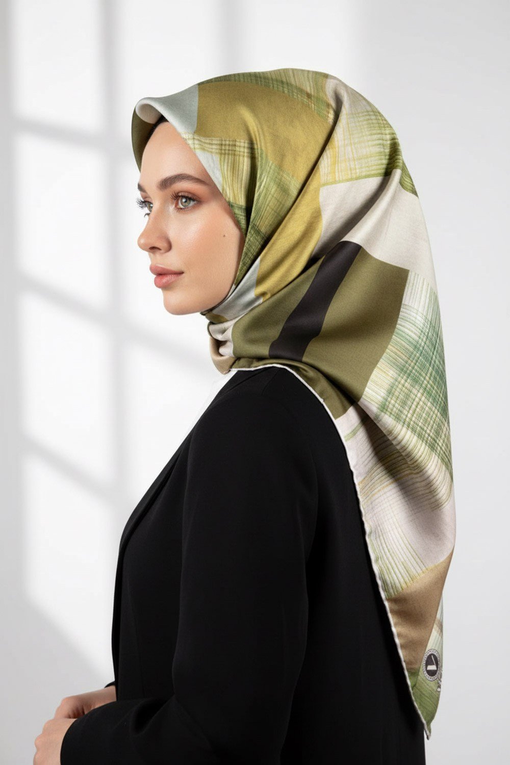 Twill Geometrik Desenli Haki Renkli 90x90 Eşarp (İpek İçermez) Kenar Dikiş Şekli El Dikişli
