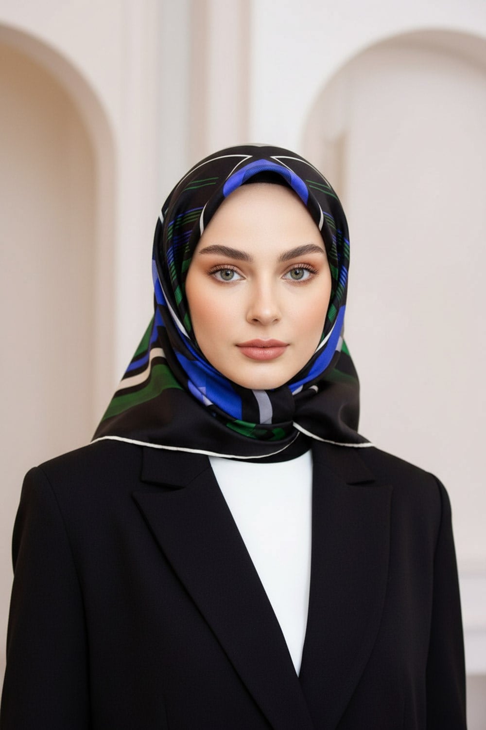 %100 Twill İpek Kare Desenli Zümrüt Yeşili - Saks Renkli 90x90 Eşarp Kenar Dikiş Şekli El Dikişli