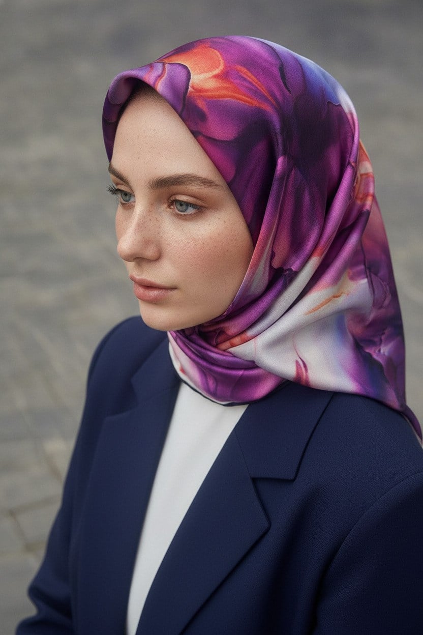%100 Twill İpek Batik Çiçek Desenli Mürdüm - İndigol Renkli 90x90 Eşarp Kenar Dikiş Şekli El Dikişli