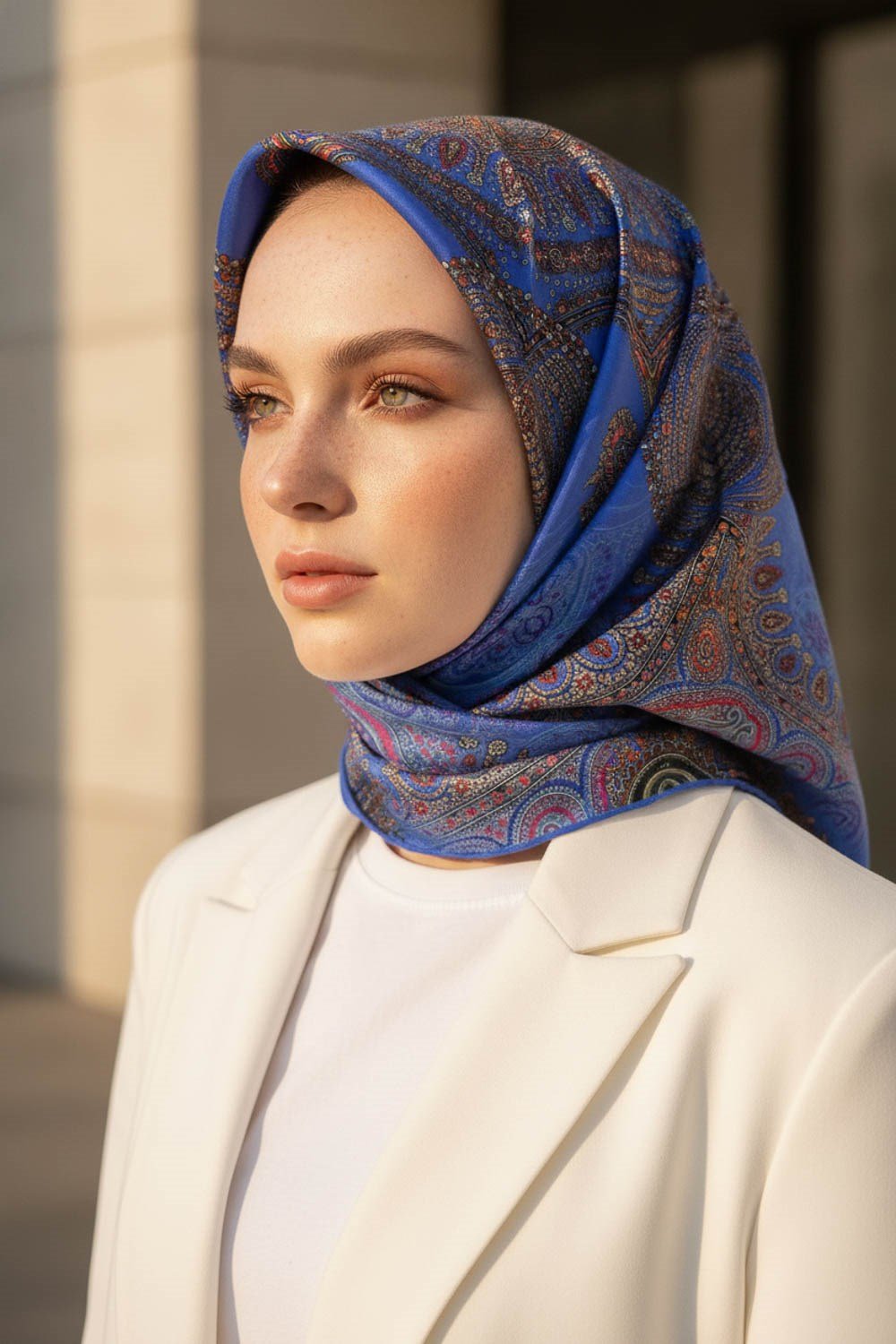 %100 Twill İpek Şal Desenli Saks Renkli 90x90 Eşarp Dikim Şekli : El Dikişi