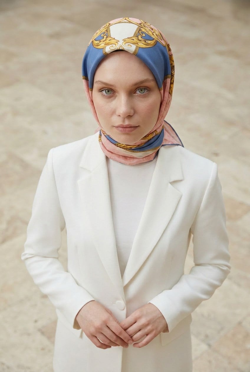 %100 Twill İpek Monogram Ve Barok Desenli Bebe Mavisi - Pudra Renkli 90x90 Eşarp Dikim Şekli : El Dikişi