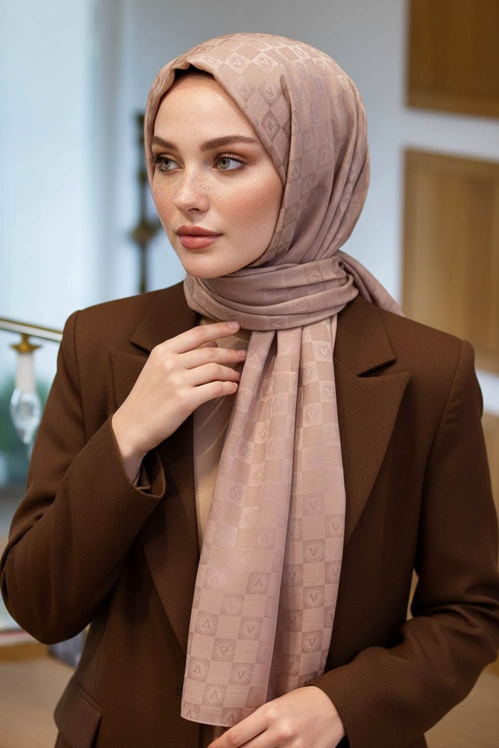 Vissona %57 İPEK %43 PAMUK Monogram Desenli Bakır Renkli Şal -  70x190 Dikiş Tipi İtalyan Dikişli