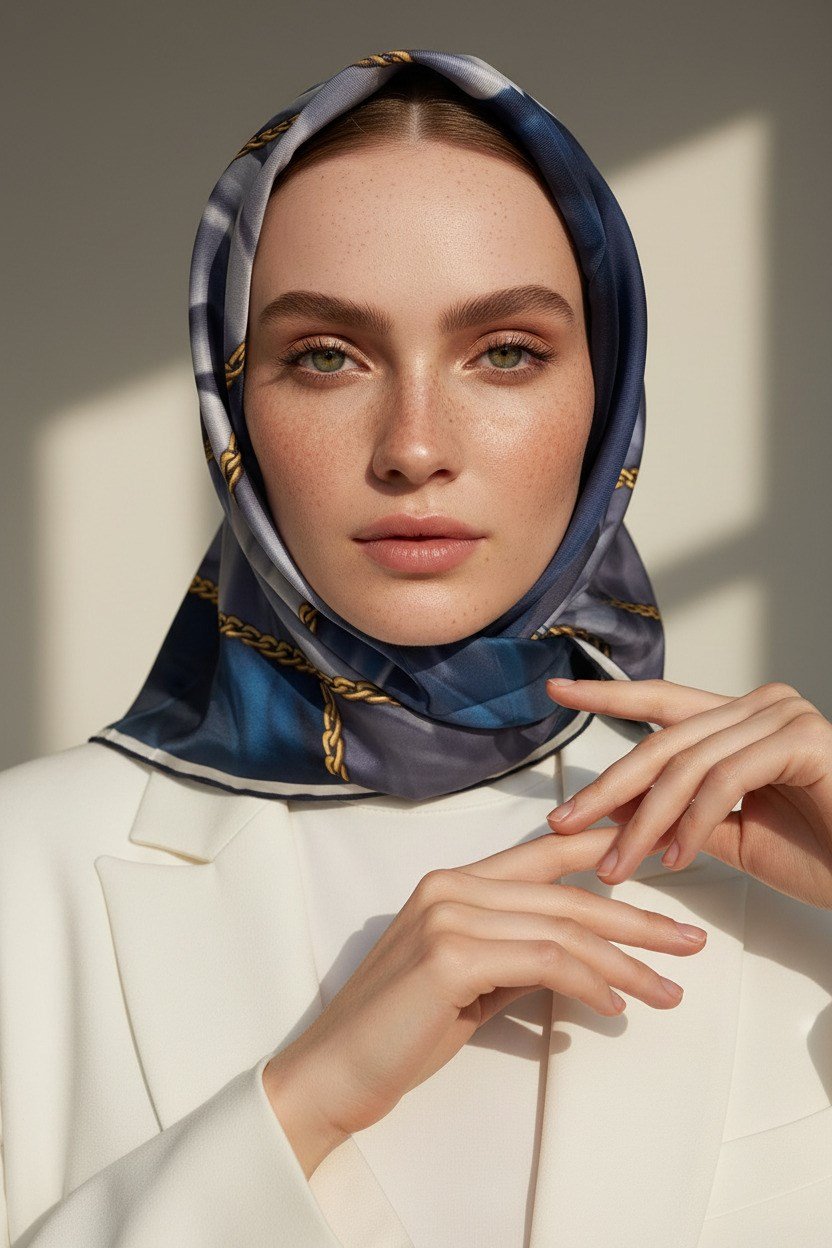 % 57 İPEK % 43 VİSKON Twill İpek Çiçek Geometrik Desenli lacivert  Renkli 90x90 Eşarp Dikim Şekli : El Dikişi