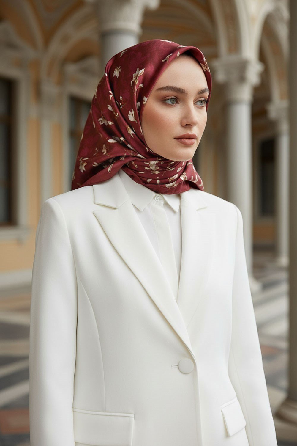 %100 Twill İpek Çiçek Desenli Bordo Renkli 90x90 Eşarp Dikim Şekli : El Dikişi