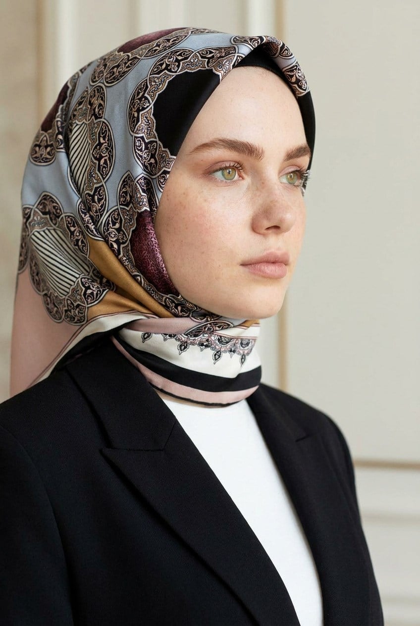 %100 Twill Türk Motifi  Desenli Pudra - Bej Renkli 90x90 Eşarp Dikim Şekli: El Dikişi