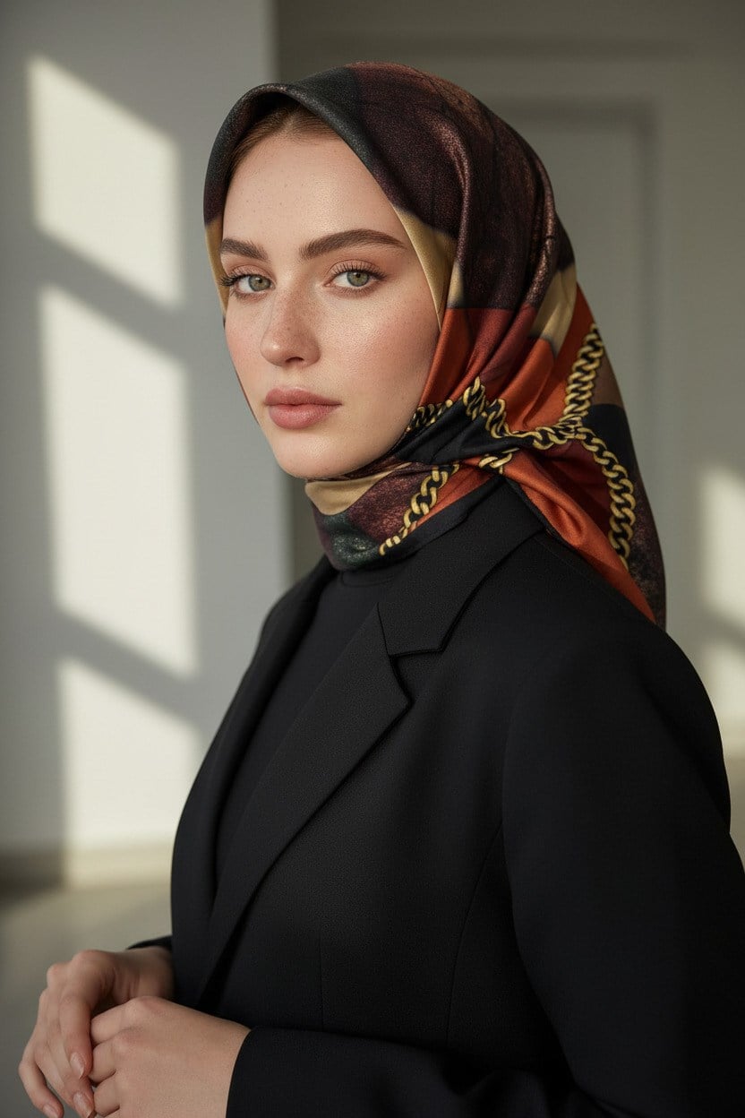 %100 Twill İpek Taş Efekti Desenli Taba - Siyah Renkli 90x90 Eşarp Dikim Şekli : El Dikişi