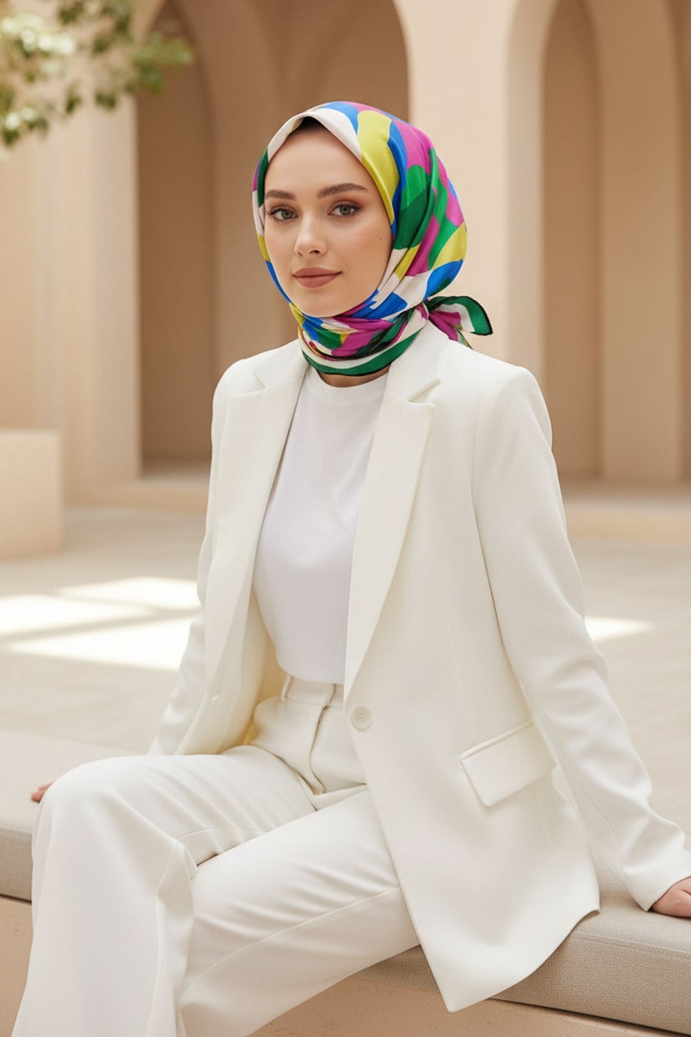 %100 Twill İpek Geometrik Desenli Fuşya - Zümrüt Yeşili Renkli 90x90 Eşarp Dikim Şekli : El Dikişi