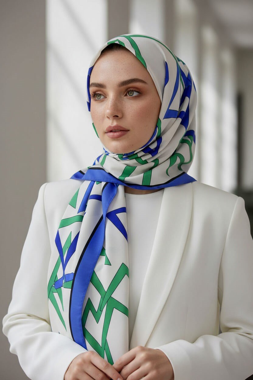 KREP GEOMETRİK DESENLİ SAKS RENKLİ 75X195 KIRIŞMAZ ŞAL