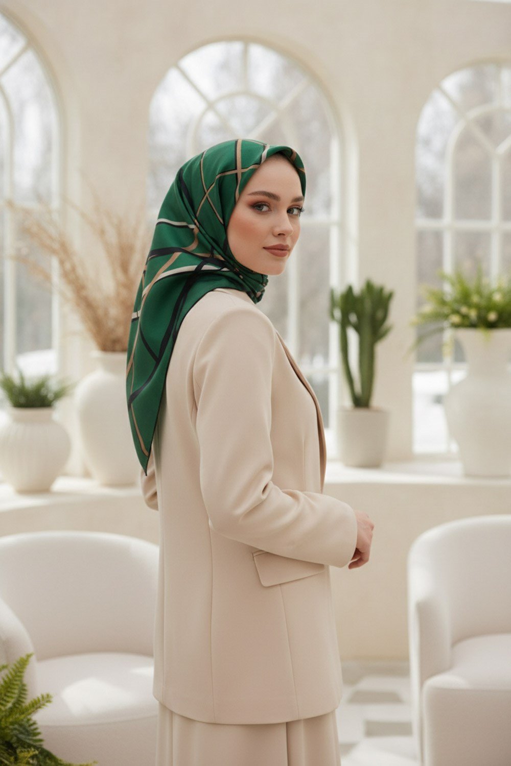 %100 Twill İpek Çizgili Desenli Zümrüt Yeşili - Siyah Renkli 90x90 Eşarp Dikim Şekli : El Dikişi