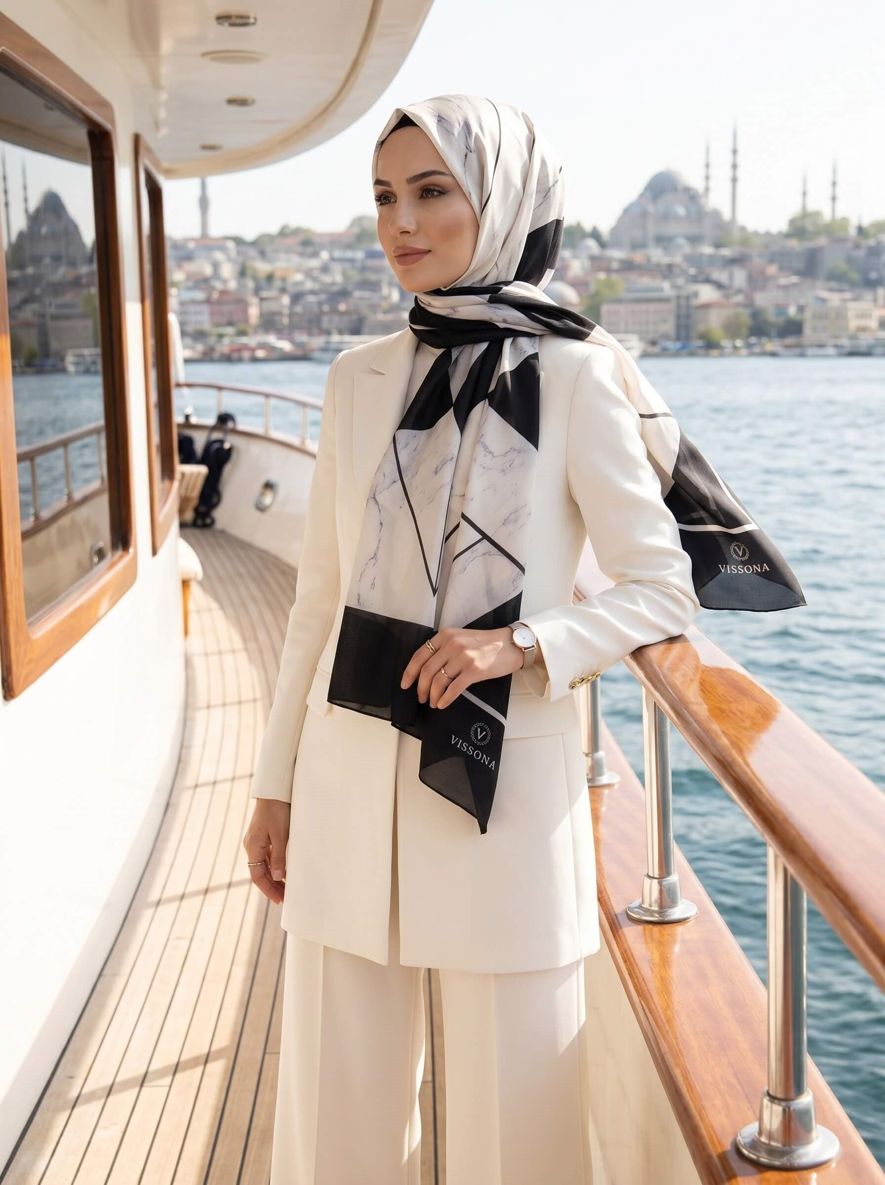 %100 Saf İpek Şal İnce Saten Vual Dokuma Mermer Desenli Siyah - Krem Renkli 90x210 Şal